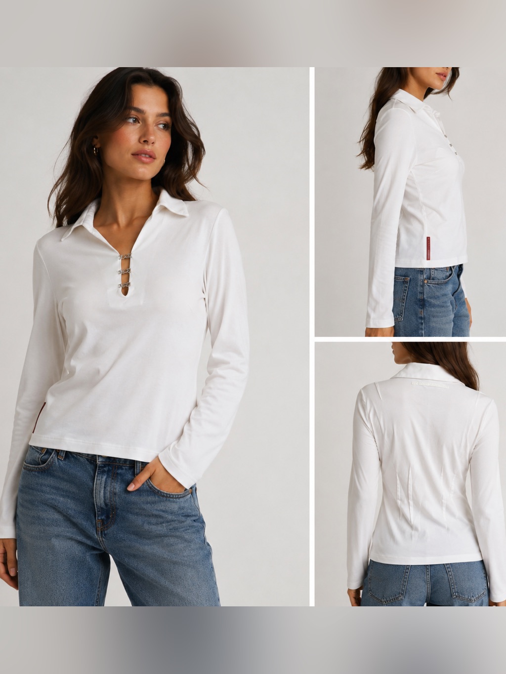 Vintage Prada Sport Long-Sleeve Polo Top With Hook & Eye Accent White M
